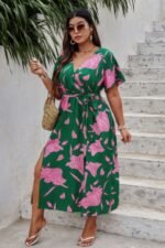 Plus Floral Short Sleeve Split Belted Midi Dress - Image 4