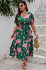 Plus Floral Short Sleeve Split Belted Midi Dress - Image 5