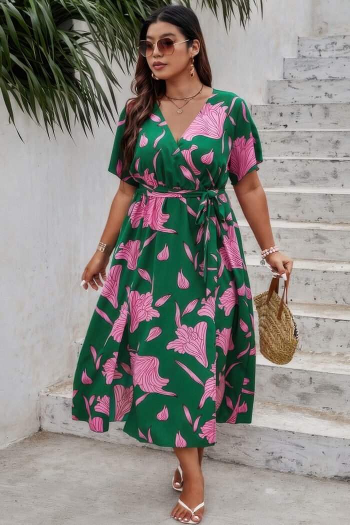 Plus floral short sleeve split belted midi dress - image 5