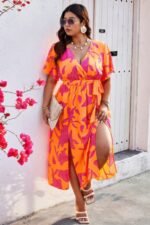 Plus Floral Short Sleeve Split Belted Midi Dress - Image 7