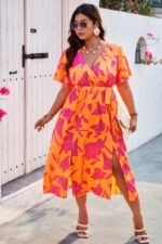 Plus Floral Short Sleeve Split Belted Midi Dress - Image 8