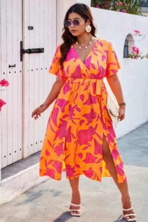 Plus Floral Short Sleeve Split Belted Midi Dress Plus Floral Short Sleeve Split Belted Midi Dress