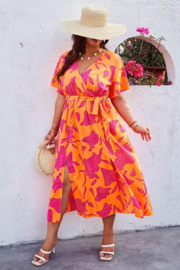 Plus floral short sleeve split belted midi dress - image 9