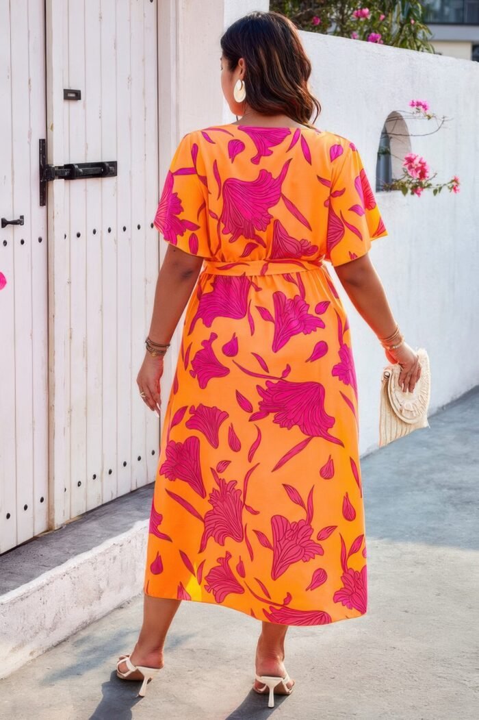 Plus floral short sleeve split belted midi dress - image 10