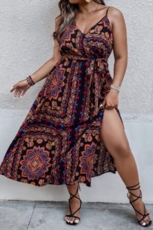 Plus Size Floral Belted Cami Boho Long Dress Plus Size Floral Belted Cami Boho Long Dress