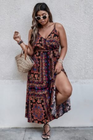 Plus Size Floral Belted Cami Boho Long Dress Plus Size Floral Belted Cami Boho Long Dress