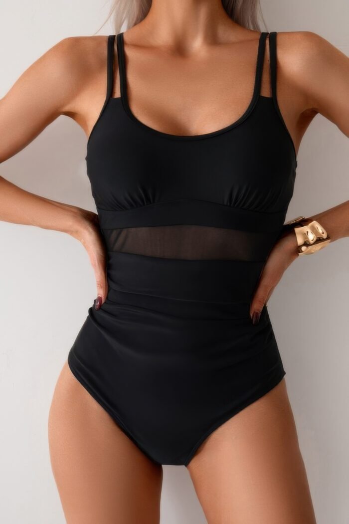 Solid square beck double strap mesh swimsuit - image 13