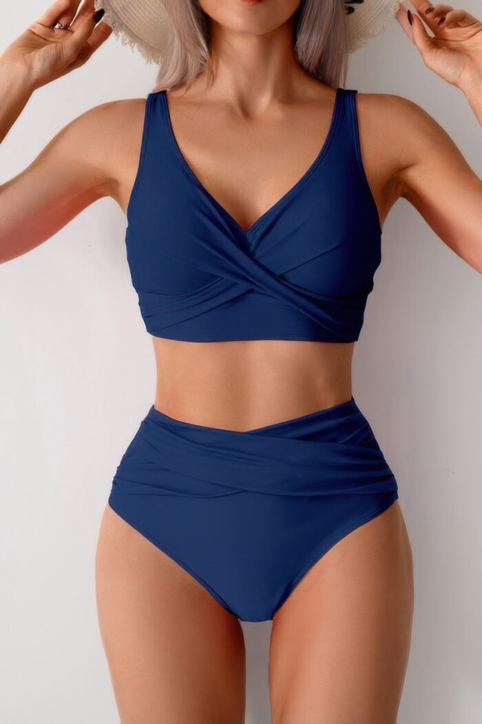 Solid ruched high waist cross push up swimsuit - image 2