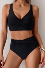 Solid Ruched High Waist Cross Push Up Swimsuit - Image 4