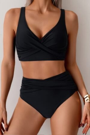 Solid Ruched High Waist Cross Push Up Swimsuit Solid Ruched High Waist Cross Push Up Swimsuit