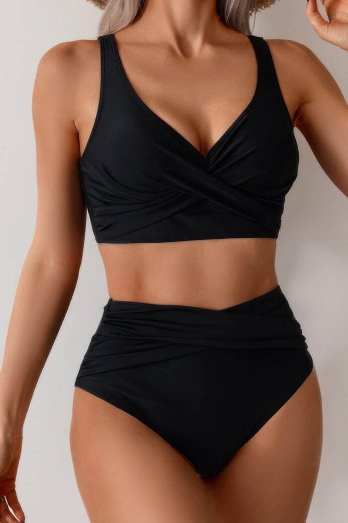 Solid ruched high waist cross push up swimsuit - image 6