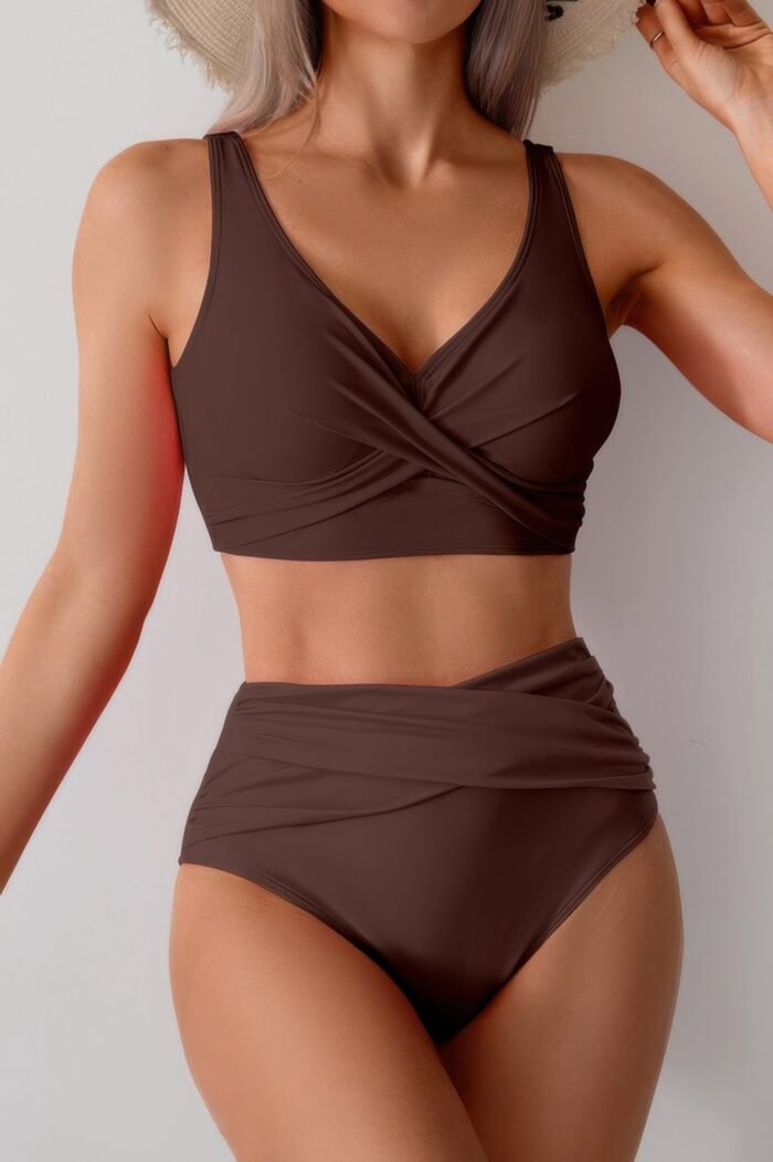 Solid ruched high waist cross push up swimsuit - image 7