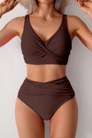 Solid Ruched High Waist Cross Push Up Swimsuit Solid Ruched High Waist Cross Push Up Swimsuit