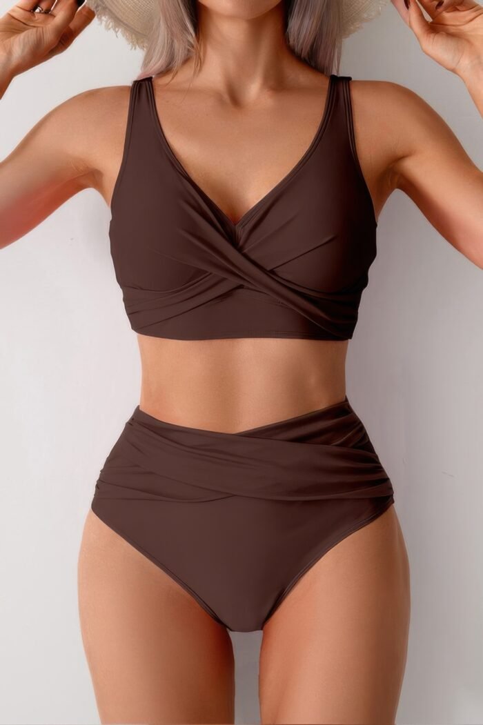 Solid ruched high waist cross push up swimsuit - image 8