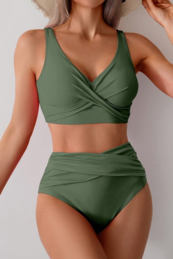 Solid ruched high waist cross push up swimsuit - image 10