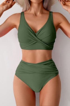 Solid Ruched High Waist Cross Push Up Swimsuit Solid Ruched High Waist Cross Push Up Swimsuit