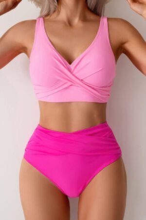 Solid Ruched High Waist Cross Push Up Swimsuit Solid Ruched High Waist Cross Push Up Swimsuit