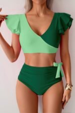 V Neck Two Piece Ruffled High Waisted Swimsuit