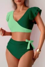 V Neck Two Piece Ruffled High Waisted Swimsuit - Image 3