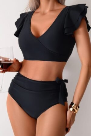 V Neck Two Piece Ruffled High Waisted Swimsuit V Neck Two Piece Ruffled High Waisted Swimsuit