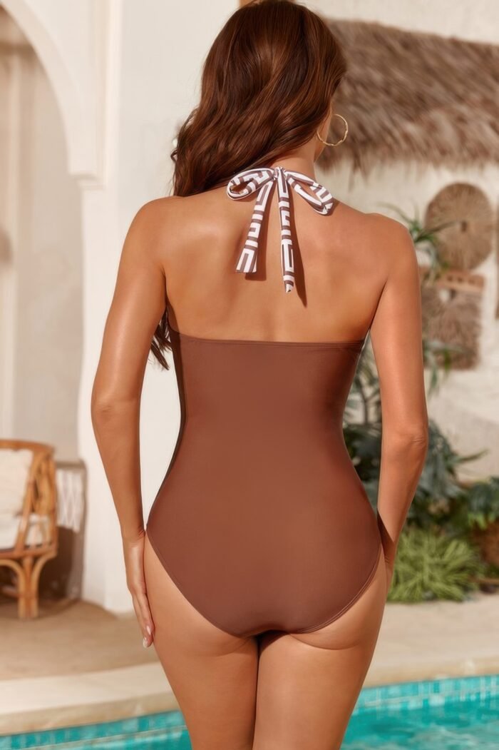 Printed halter deep v neck bodycon swimsuit - image 3
