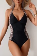 Printed Halter Deep V Neck Bodycon Swimsuit - Image 4