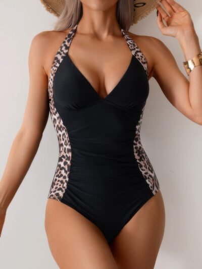 Printed Halter Deep V Neck Bodycon Swimsuit Printed Halter Deep V Neck Bodycon Swimsuit