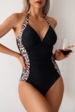 Printed Halter Deep V Neck Bodycon Swimsuit - Image 5