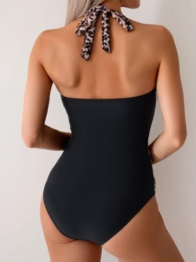 Printed Halter Deep V Neck Bodycon Swimsuit Printed Halter Deep V Neck Bodycon Swimsuit
