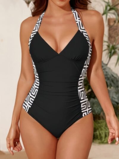 Printed Halter Deep V Neck Bodycon Swimsuit Printed Halter Deep V Neck Bodycon Swimsuit