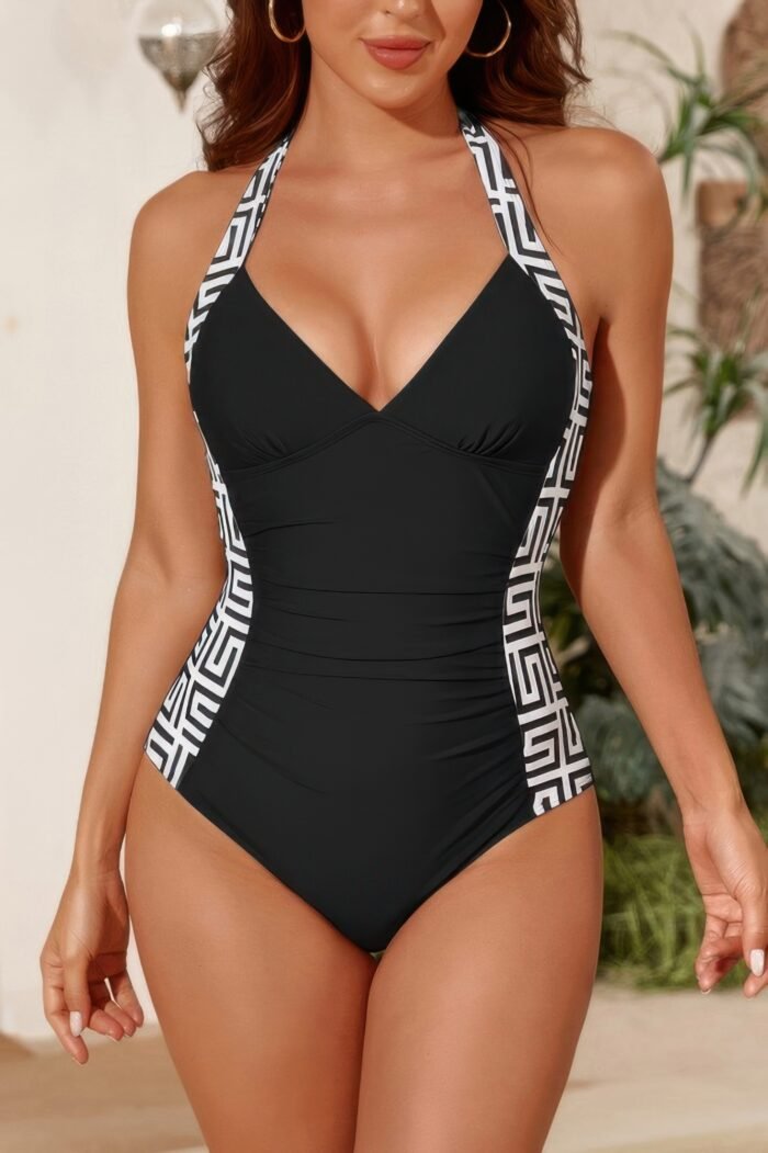Printed halter deep v neck bodycon swimsuit - image 7