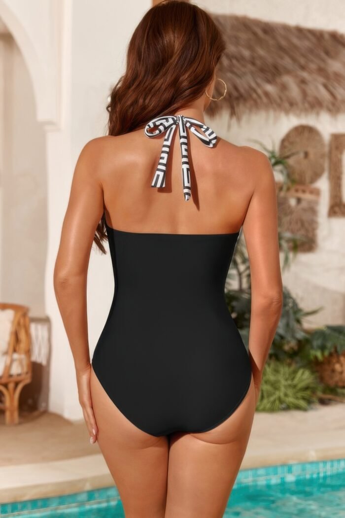 Printed halter deep v neck bodycon swimsuit - image 9
