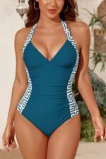Printed Halter Deep V Neck Bodycon Swimsuit - Image 11