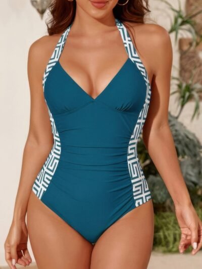 Printed Halter Deep V Neck Bodycon Swimsuit Printed Halter Deep V Neck Bodycon Swimsuit