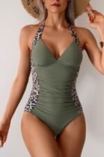 Printed Halter Deep V Neck Bodycon Swimsuit - Image 13