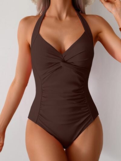 V Neck Halter One Piece Ruched Backless Swimsuit