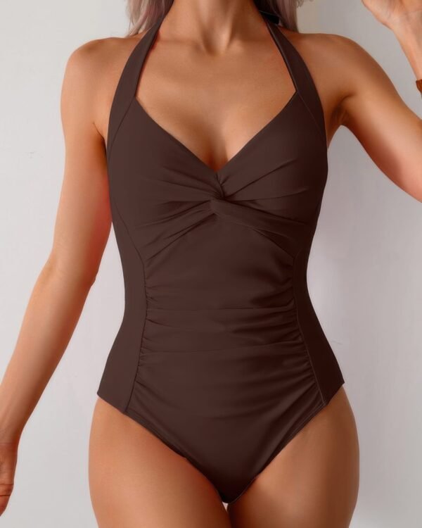 V Neck Halter One Piece Ruched Backless Swimsuit