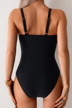 Solid One Piece Ruched Strappy V Neck Bikini