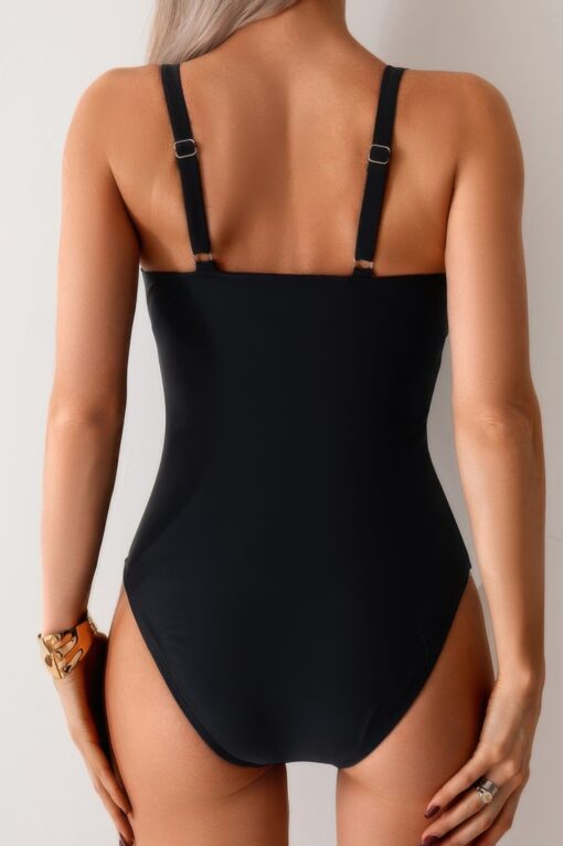 Solid One Piece Ruched Strappy V Neck Bikini - Image 6