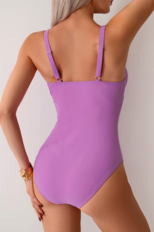 Solid One Piece Ruched Strappy V Neck Bikini - Image 11