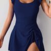 Solid Ruffle Knot Square Neck Fit Swim Dresses