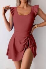 Solid Ruffle Knot Square Neck Fit Swim Dresses - Image 4