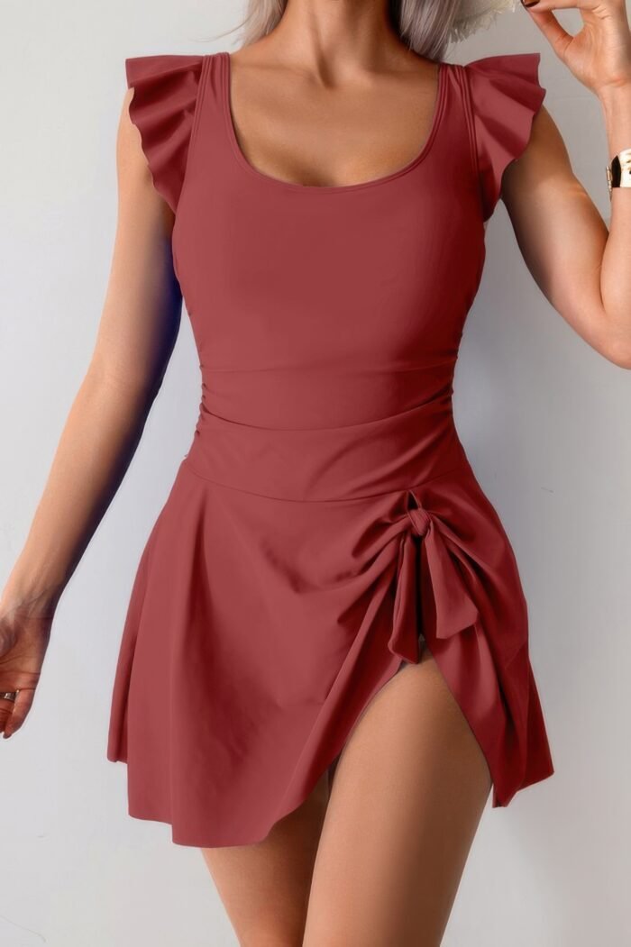 Solid ruffle knot square neck fit swim dresses - image 5