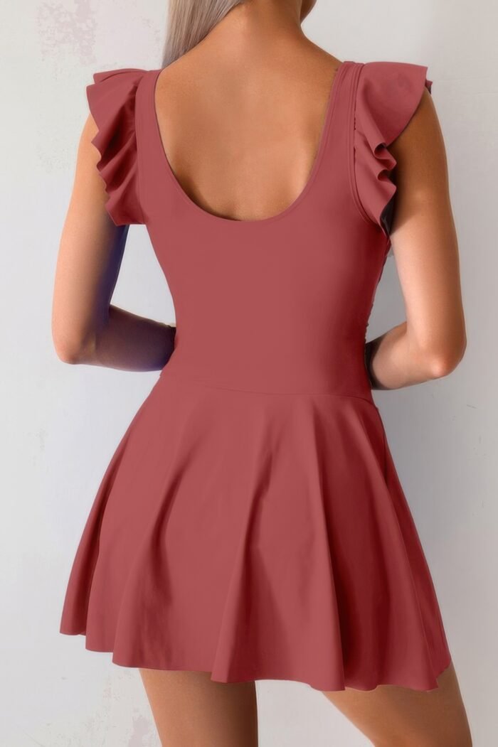 Solid ruffle knot square neck fit swim dresses - image 6
