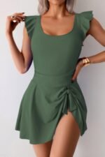 Solid Ruffle Knot Square Neck Fit Swim Dresses - Image 11