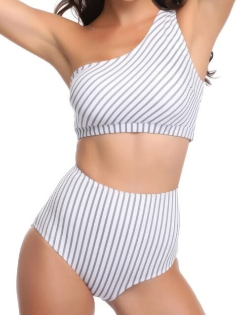 Solid Two Pieces One Shoulder High Cut Swimsuit