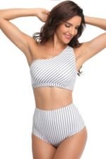 Solid Two Pieces One Shoulder High Cut Swimsuit - Image 3