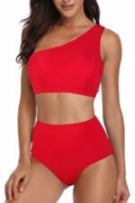 Solid Two Pieces One Shoulder High Cut Swimsuit - Image 5