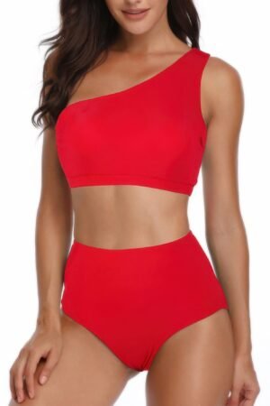 Solid Two Pieces One Shoulder High Cut Swimsuit