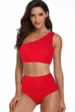 Solid Two Pieces One Shoulder High Cut Swimsuit - Image 7